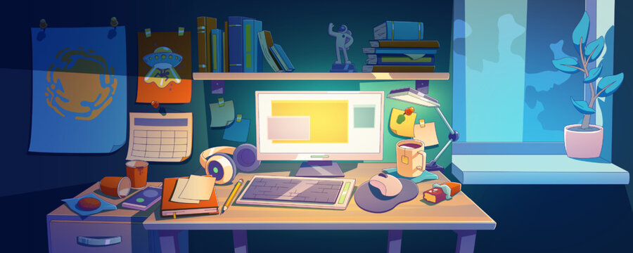 Workplace desk with computer at night room. Home work space with table, desktop, coffee cup, potted plant, mobile phone and stationery, messy freelancer or student place, Cartoon vector illustration