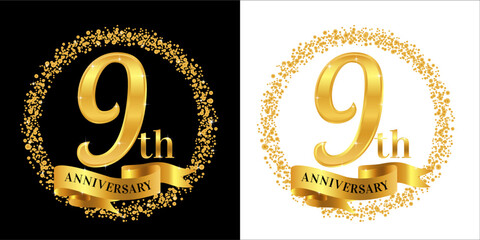 9th Anniversary logo with golden color, ribbon, and circle sparkle, elegant anniversary logo vector design for greeting card