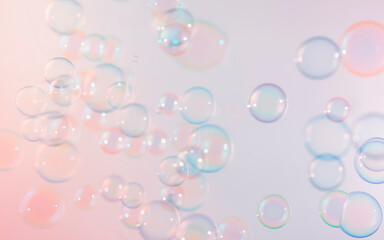 Abstract Transparent Pink and Blue Soap Bubbles Background. Freshness Soap Sud Bubbles Water.	
