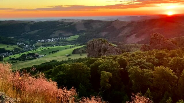 Breathtaking Sunrise of the nature monument Bruchhauser Steine in Sauerland in Germany