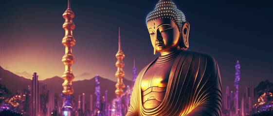 Huge Golden Buddha in a luxury style. illustration. Digital Rendering