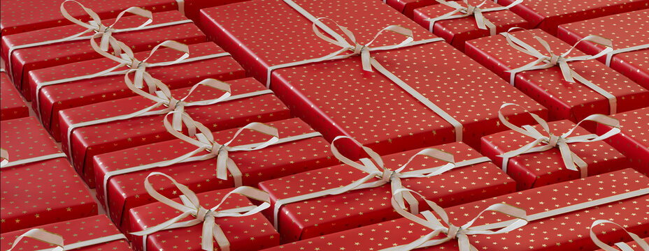 Christmas Presents Precisely arranged in a Grid. Trendy Red and White Seasonal Background.