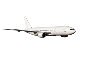 White wide body passenger aircraft flying isolated on transparent background