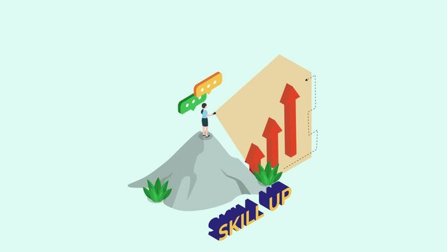 Businesswoman look at chart with skill up text