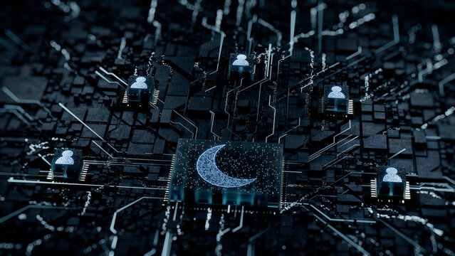 Night mode Technology Concept with moon symbol on a Microchip. White Neon Data flows between Users and the CPU across a Futuristic Motherboard. 3D render.