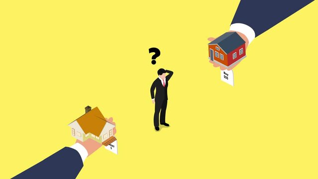 Confused man choosing between buy or rent house
