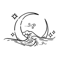 line art of moon and waves, vector illustration