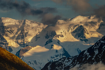 View of Morteratsch and snowcapped mountains, Bernina massif in Switzerland