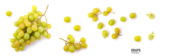 Berries of green bunch of grape isolated on white background.
