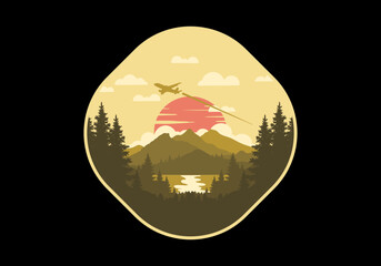 Landscape illustration of a forest, lake and plane above the clouds