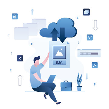 Virtual data storage. User working on laptop and loading media content to clouds. Cloud service, remote servers. Sharing files with network. Cloud computing technology. Sync between gadgets.