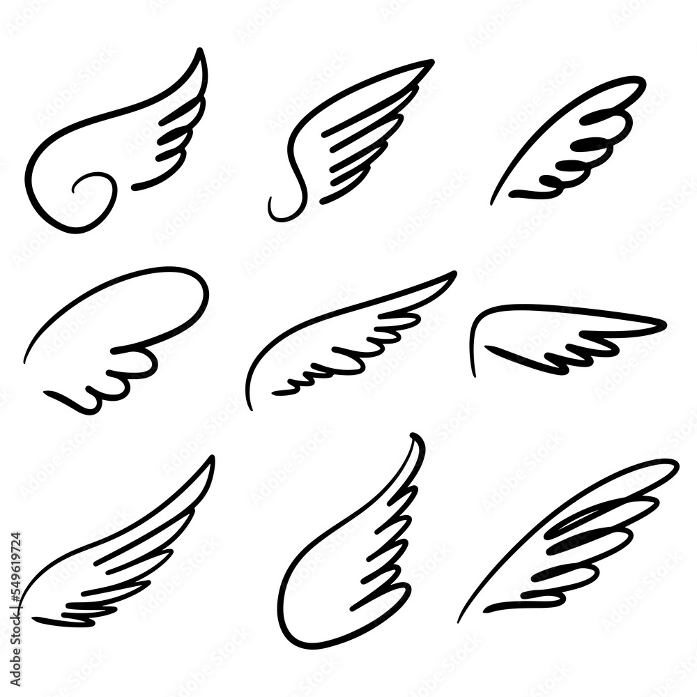 Wall mural doodle sketch style of abstract wings cartoon hand drawn illustration for concept design.