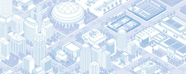 街並みの立体図. 都市の景観. 線画のイラスト. © keko-ka