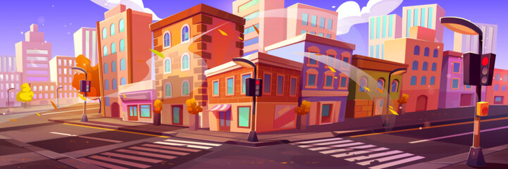 Autumn city street corner with buildings, crosswalk, empty road and traffic lights. Vector illustration of cartoon houses, shops and cafes, trees with yellow foliage under blue sky with fluffy clouds © klyaksun