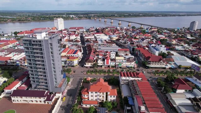 Drone footage above Kampong Cham, big provincial city in Cambodia, 120 kms from Phnom Penh. Camera is moving foward on the way to the Mekong river