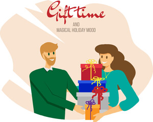 Gift time. Woman and man exchanging gifts