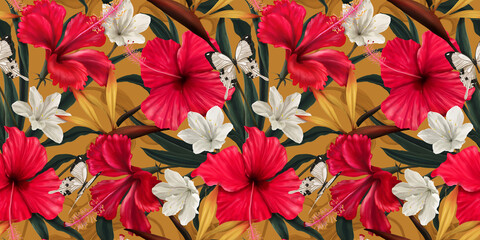 Exotic tropical pattern. Luxurious wallpaper with tropical flowers, leaves, butterflies. Hand drawn 3d illustration for fabric, wallpaper, paper
