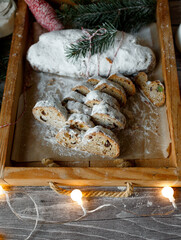 Pie - stollen on the Christmas table. Stollen in the section. Rustic style