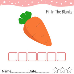 Fill in the blank,Carrots vegetables Word, Concept of food and fruit education.