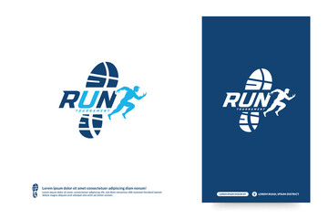 Running club logo with shoe print design template, Marathon tournament logptype, Sport team identity. Fitness, athlete training for life symbol, Creative lettering logo design