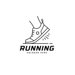 Running shoe symbol logo, Marathon tournament logptype template. Fitness, athlete training for life symbol, shoe icon