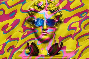 Fototapeta na wymiar colorful Digital illustration of a sculpture with sunglasses, headphones, concept: merging art and technology, painting background