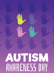 Autism awareness day card with colorful hand palms, flat vector illustration.