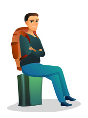 Tourist with backpack and suitcase. Goes on trip. Traveler on road. Sits on luggage and waits. Isolated on white background. Vector.