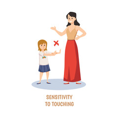 Sensitivity to touching symptom of kids autism flat vector illustration isolated.