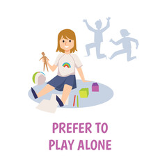 Autistic child prefers to play alone flat vector illustration isolated on white.