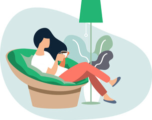 Young woman sitting on modern chair  relaxing in her living room drinking coffee or tea,.Vector illustration cartoon character