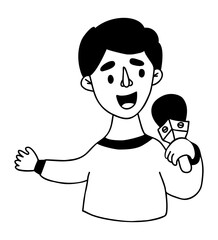 Portrait of man journalist leading with microphone. Vector illustration in linear doodle style. Conceptual male character, modern profession and journalism, work and reporting, media and television.