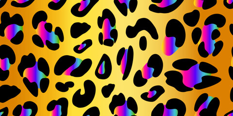 Rainbow leopard seamless pattern on a golden background. Animalistic bright print. Neon vector background. 