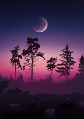 Dawn in the forest. Vector illustration of a landscape of early dawn in a pine forest. Sketch for creativity.