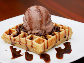 chocolate waffle with ice cream topping and chocolate sprinkles