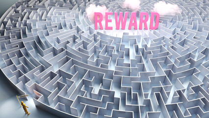Reward and a difficult path, confusion and frustration in seeking it, hard journey that leads to Reward,3d illustration