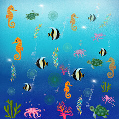 Fototapeta na wymiar Seamless pattern with seashells, corals, and starfishes. Marine background. Perfect for greetings, invitations, wrapping paper, textiles prints, and web design.