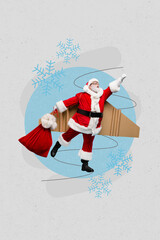 Creative retro 3d magazine collage image of funky santa claus hurrying delivering xmas presents isolated painting background