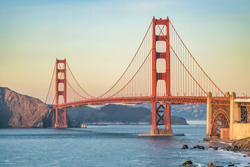 Beautiful view of the Golden Gate Bridge in San Francisco, pastel colors. Concept, travel, world attractions
