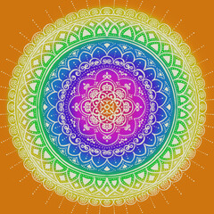 Round gradient mandala on yellow isolated background. Vector boho mandala with colorful floral patterns suitable for invitation cards and Yoga template