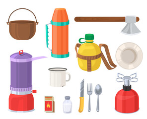 Camping kitchenware and travel supplies vector set