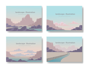 Abstract landscape set, Natural wallpapers are minimalist, banners Hiking adventure background. Vector illustration