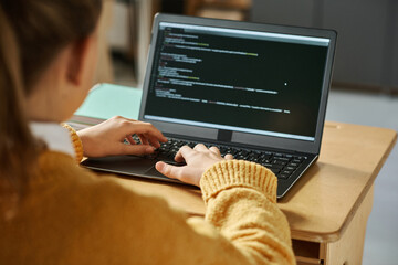 Rear view of schoolgirl examining computer codes on monitor on laptop while sitting at desk at class