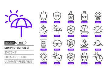 Sun protection 01 related, pixel perfect, editable stroke, up scalable, line, vector bloop icon set.