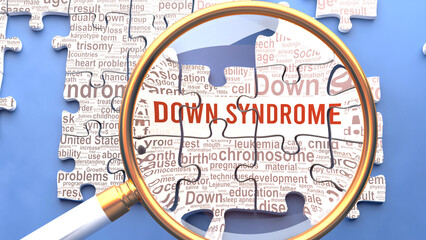 Down syndrome as a complex and multipart topic under close inspection. Complexity shown as matching puzzle pieces defining dozens of vital ideas and concepts about Down syndrome,3d illustration