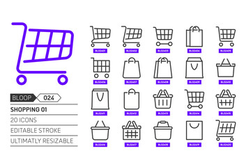 Shopping 01 related, pixel perfect, editable stroke, up scalable, line, vector bloop icon set.