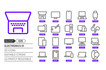 Electronics 01 related, pixel perfect, editable stroke, up scalable, line, vector bloop icon set.