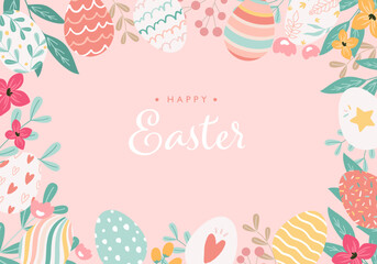 Frame of hand drawn easter eggs. Vector illustration background. For banners, posters and cards. - obrazy, fototapety, plakaty