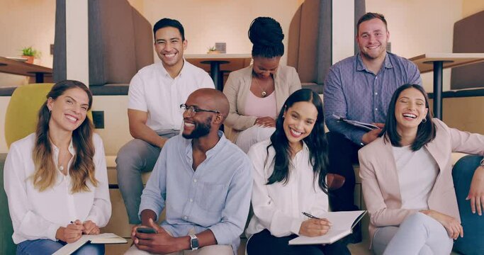 Business, office and team portrait laugh, happy and bond during speech, meeting or presentation. Employee, group and diversity, training and planning during a meeting with colleagues at a startup