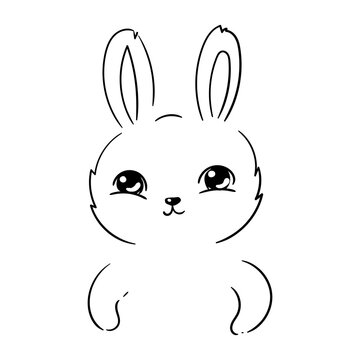 Vector doodle cute cartoon rabbit hare bunny head with paws colorless black and white contour line easy drawing